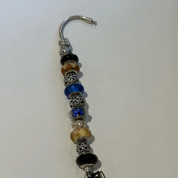 Pandora Silver Charm Bracelet with Blue and Black Beads - Picture 7 of 8